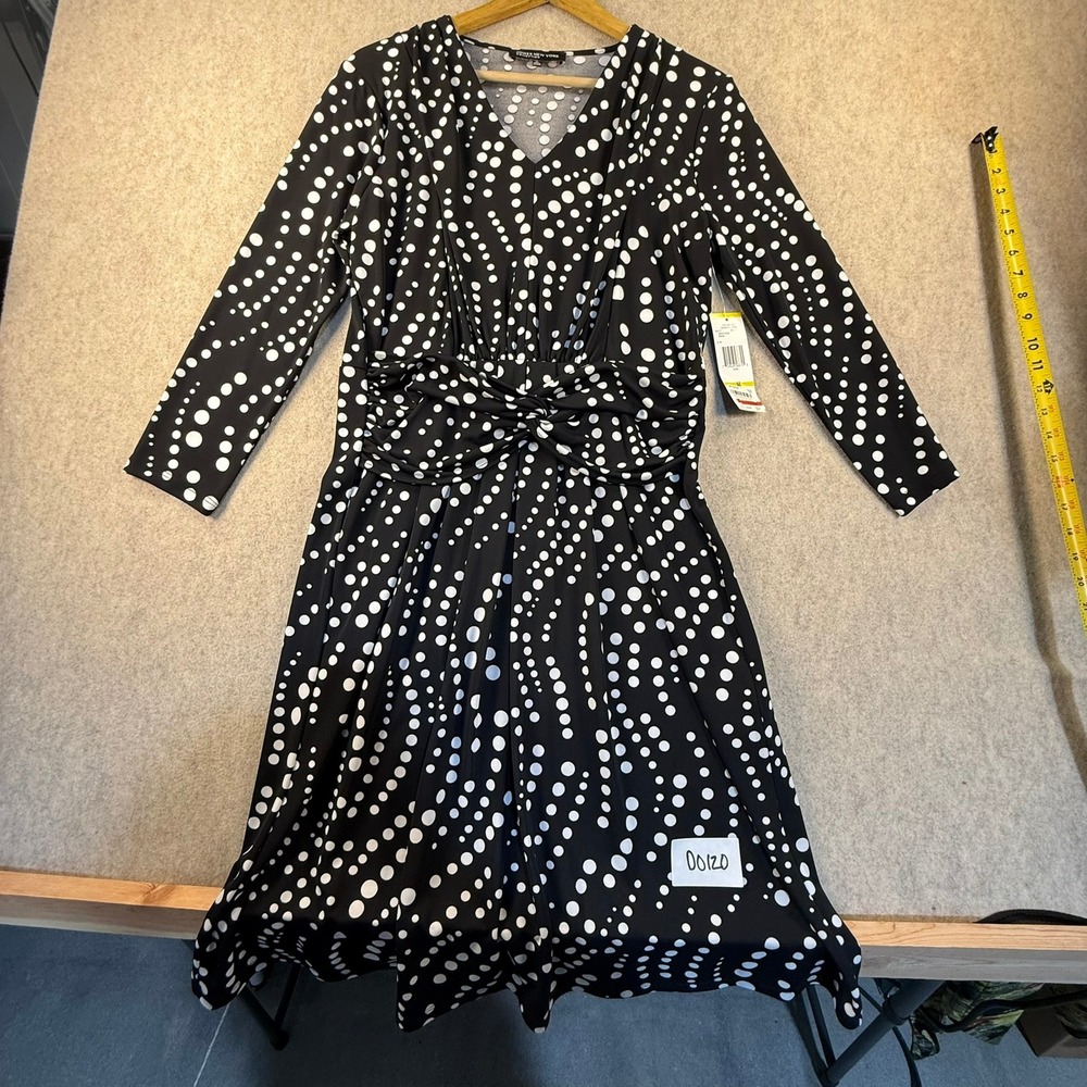 Jones New York Collection Polka Dot V-Neck Knot Front Dress Black White NWT Y2K
